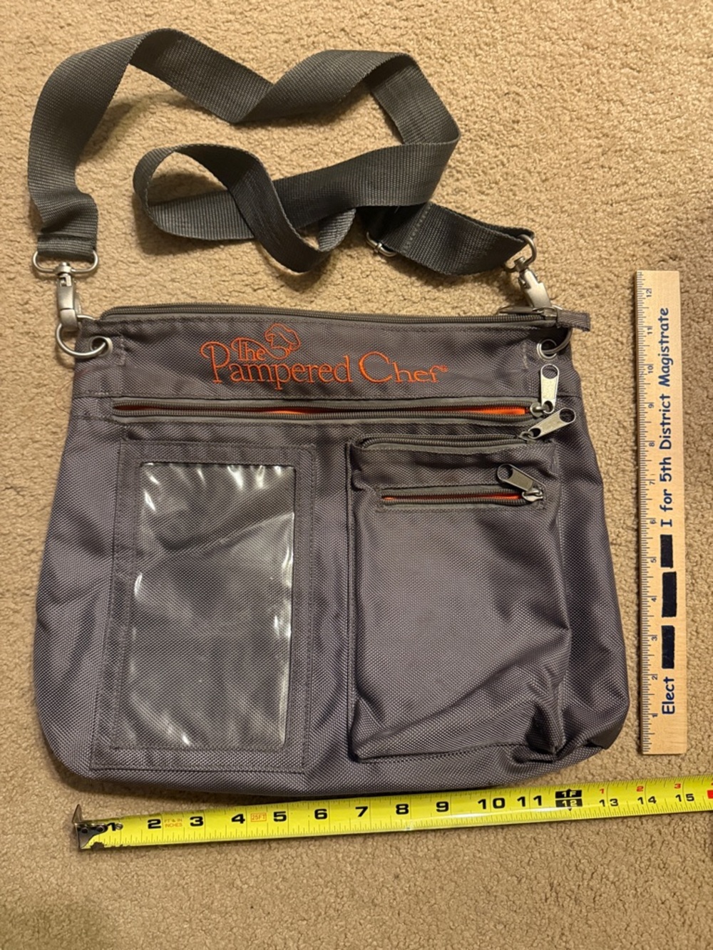 The Pampered Chef Gray Crossbody Organizer with Orange Accents